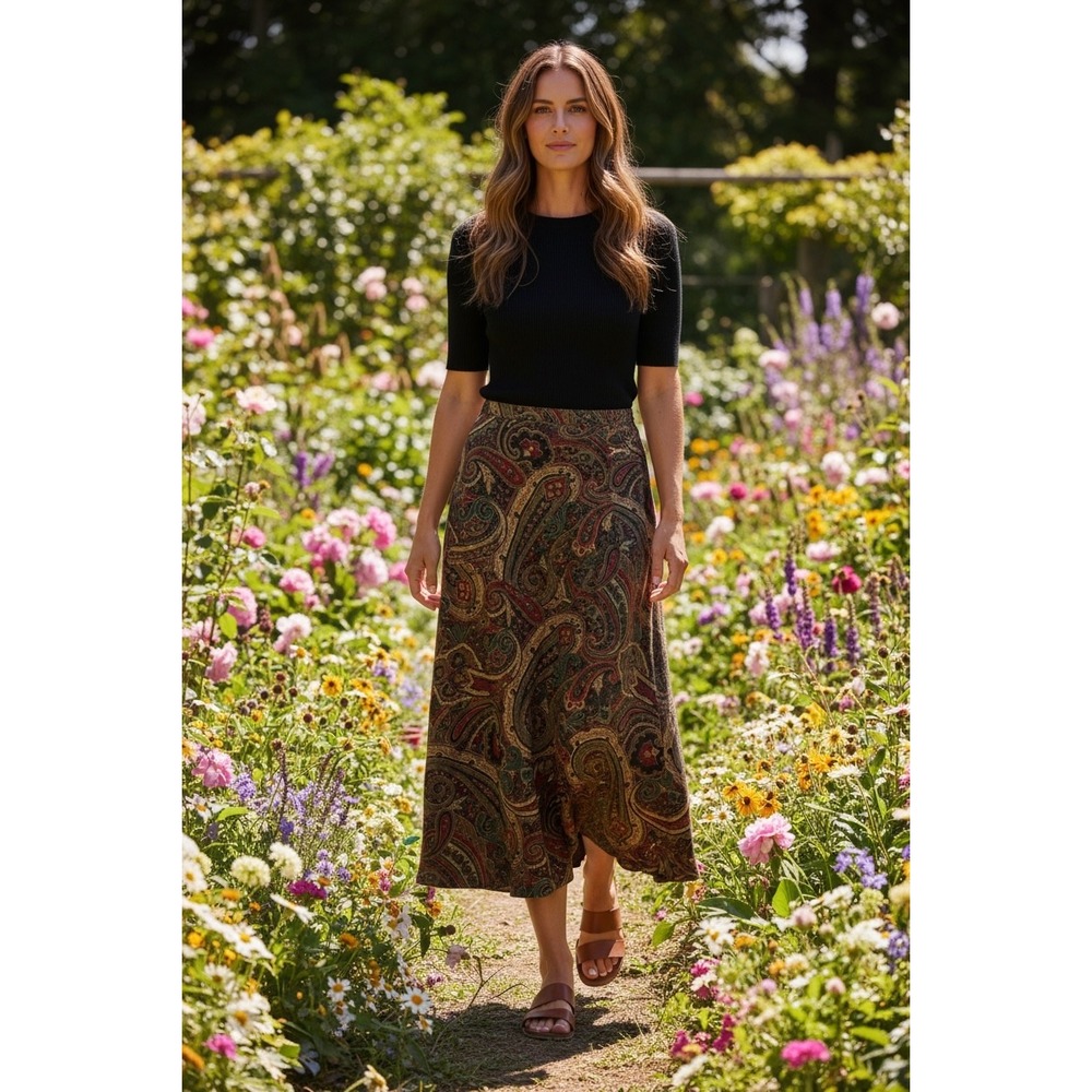 Talbots Petites Women 10 Paisley Midi Skirt Brown Burgundy A-Line Made in USA